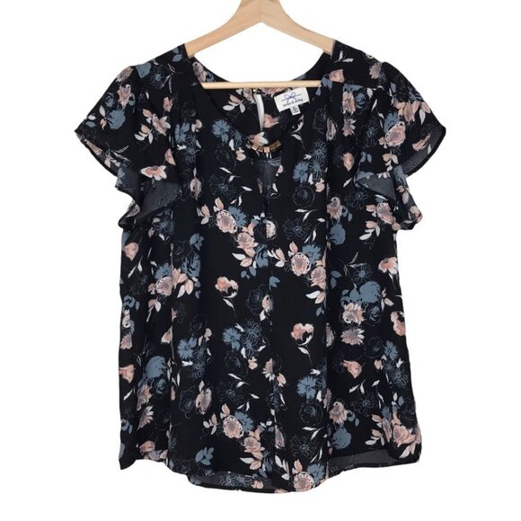 Twine & String Black Floral Flutter Short-Sleeve Top  Size X-Large - Picture 1 of 9